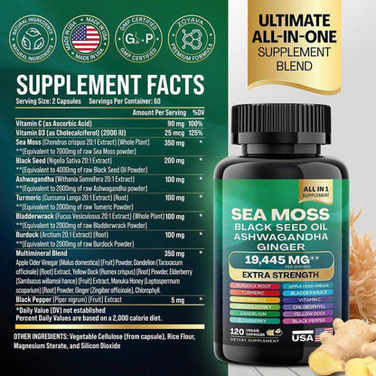 Sea Moss + Black Seed Oil + Ashwagandha – Suplemento Natural Todo en Uno 120 Cápsulas
