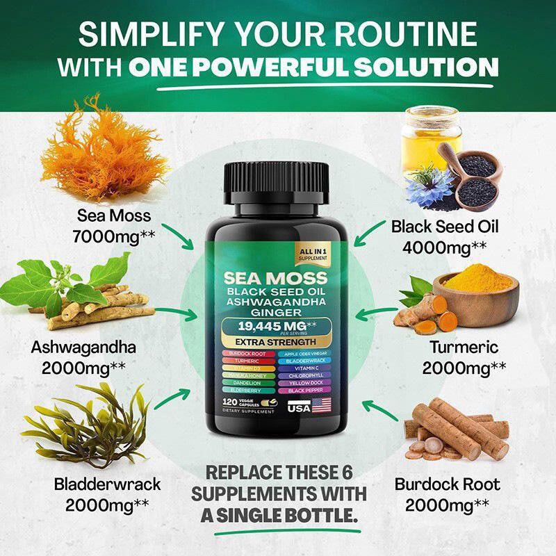 Sea Moss + Black Seed Oil + Ashwagandha – Suplemento Natural Todo en Uno 120 Cápsulas