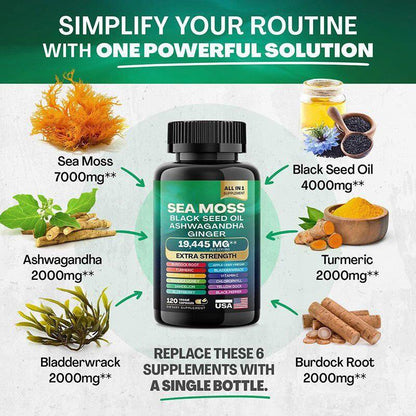 Sea Moss + Black Seed Oil + Ashwagandha – Suplemento Natural Todo en Uno 120 Cápsulas